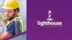 A constuction worker depicted next to the lighthouse construction charity organisation logo