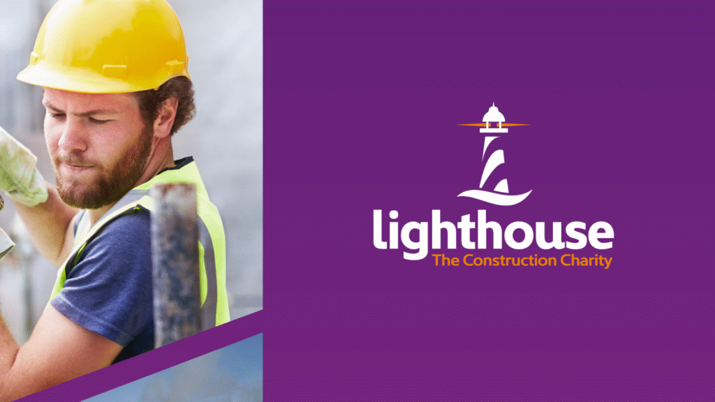 A constuction worker depicted next to the lighthouse construction charity organisation logo