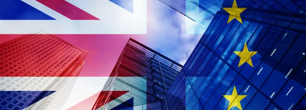 UK and EU flags laid over an image of a building