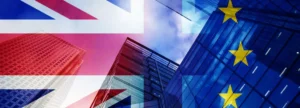 UK and EU flags laid over an image of a building