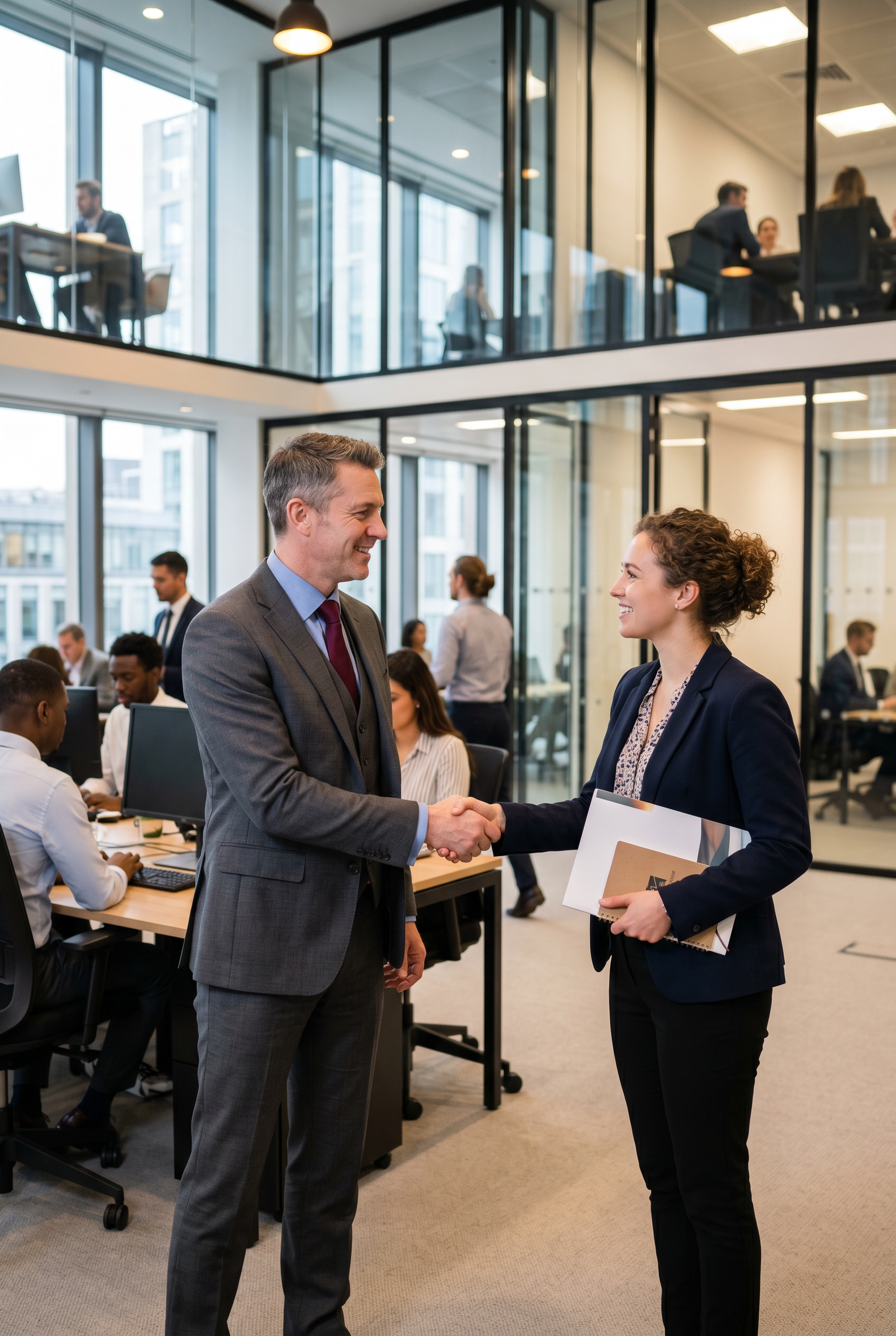 Employer greeting a new employee with a handshake in the busy corporate office