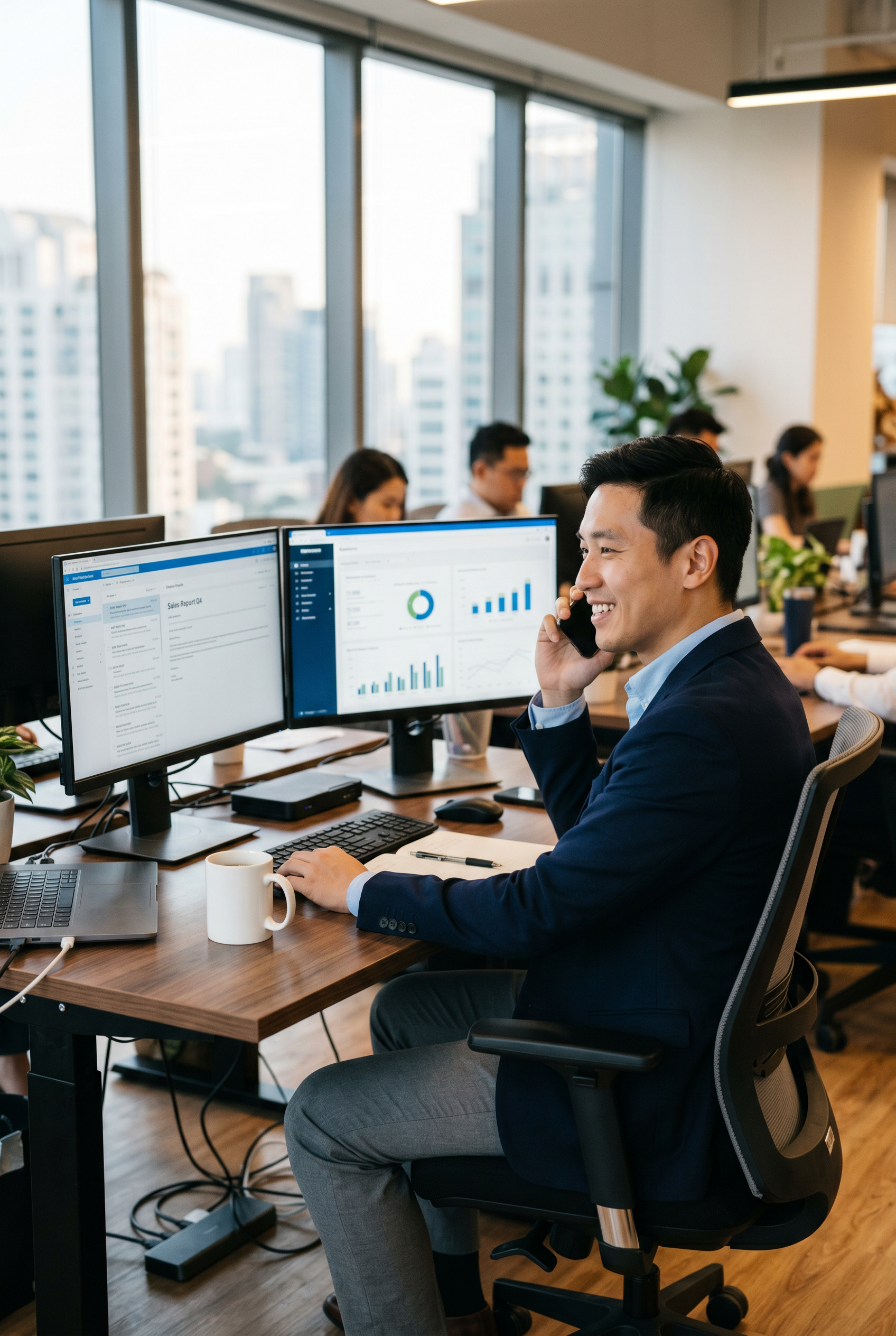 Man at his work station on the phone smiling whilst looking at customer account and report statistics with a cup of coffee on his desk