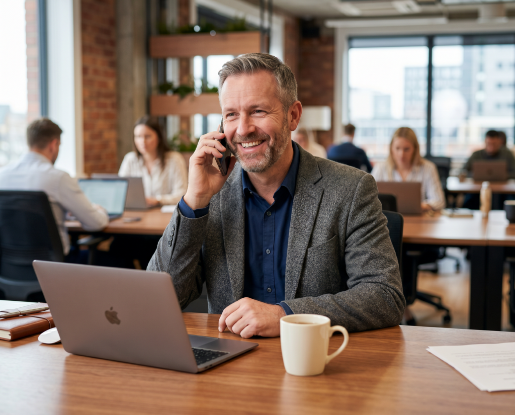 Professional working at his desk with his laptop open, a cup of tea and speaking on the phone