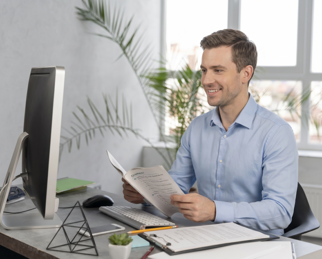 Corporate man at his desk facing his computer filing tax returns