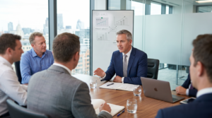 Office meeting featuring 6 men