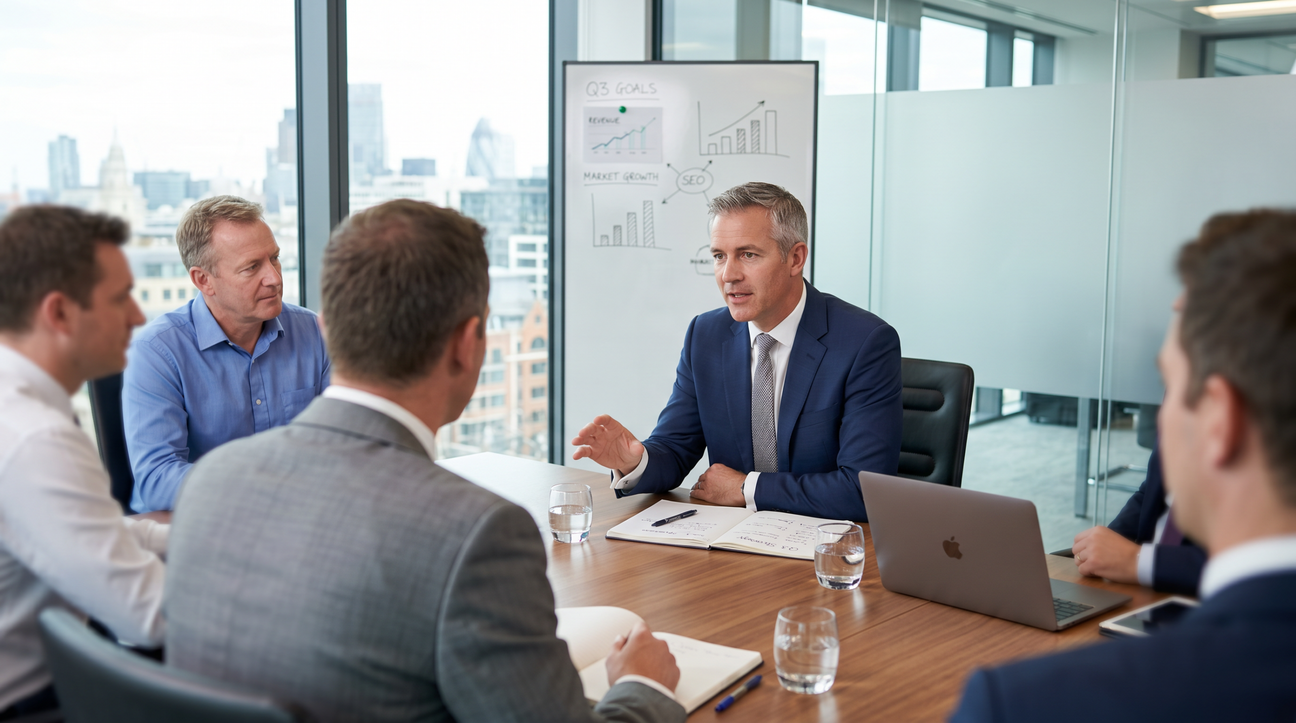 Office meeting featuring 6 men