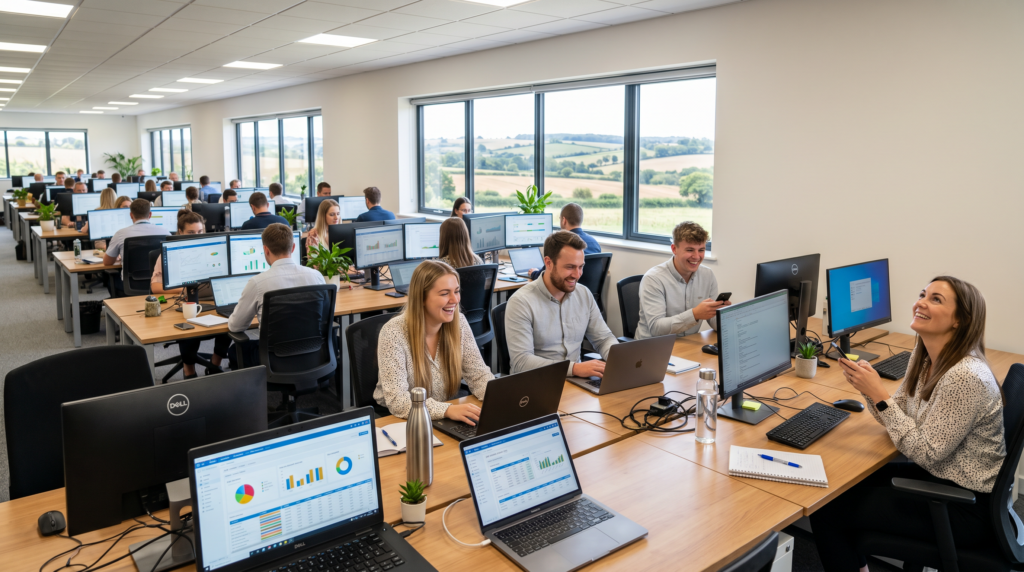 Full office team working at their desk, either on the phone, smiling and typing or they are looking at reports.