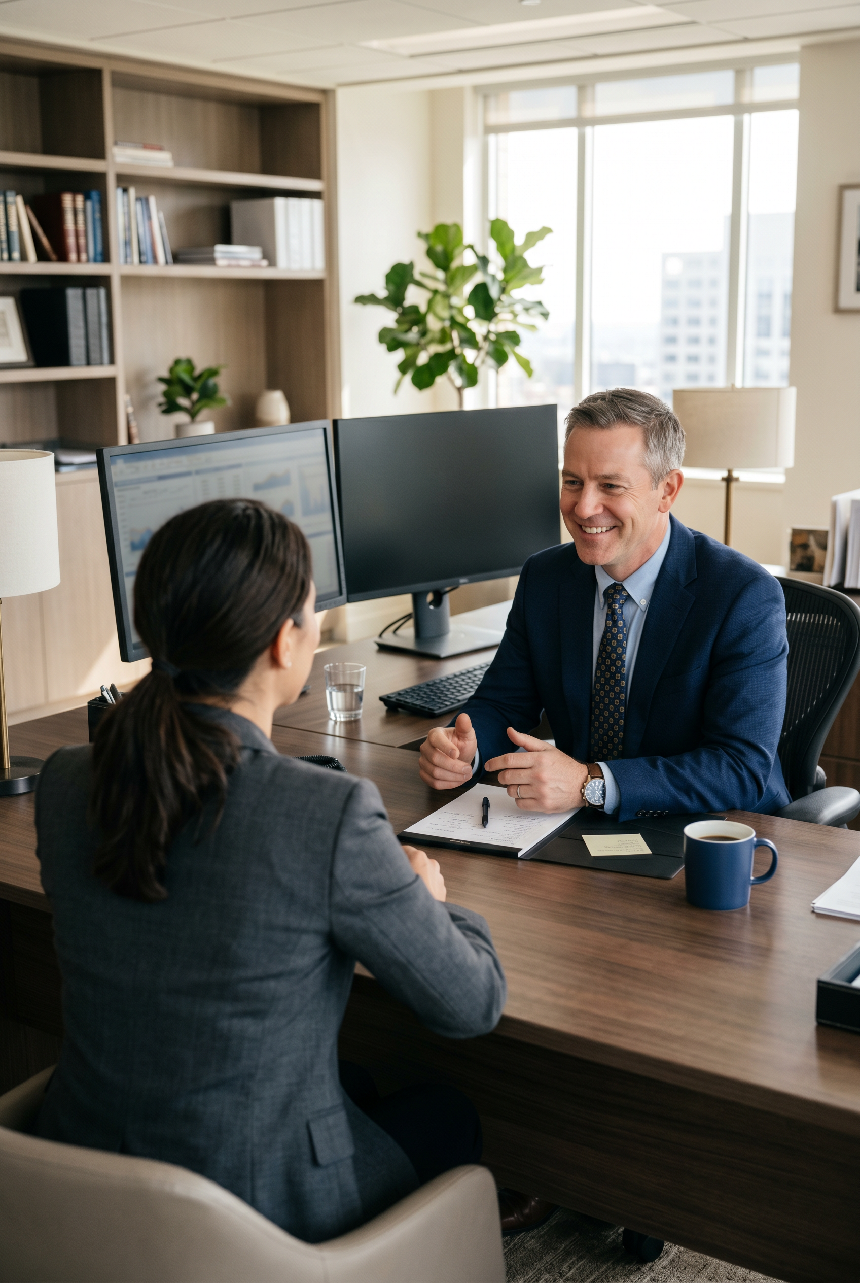 Man discussing accounts with a female client