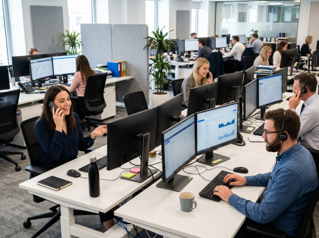 Sales team at their desk working, either on the computer or talking with clients