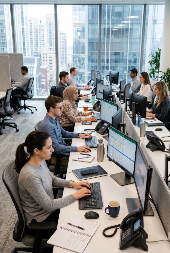 A team of payroll employees in a corporate office