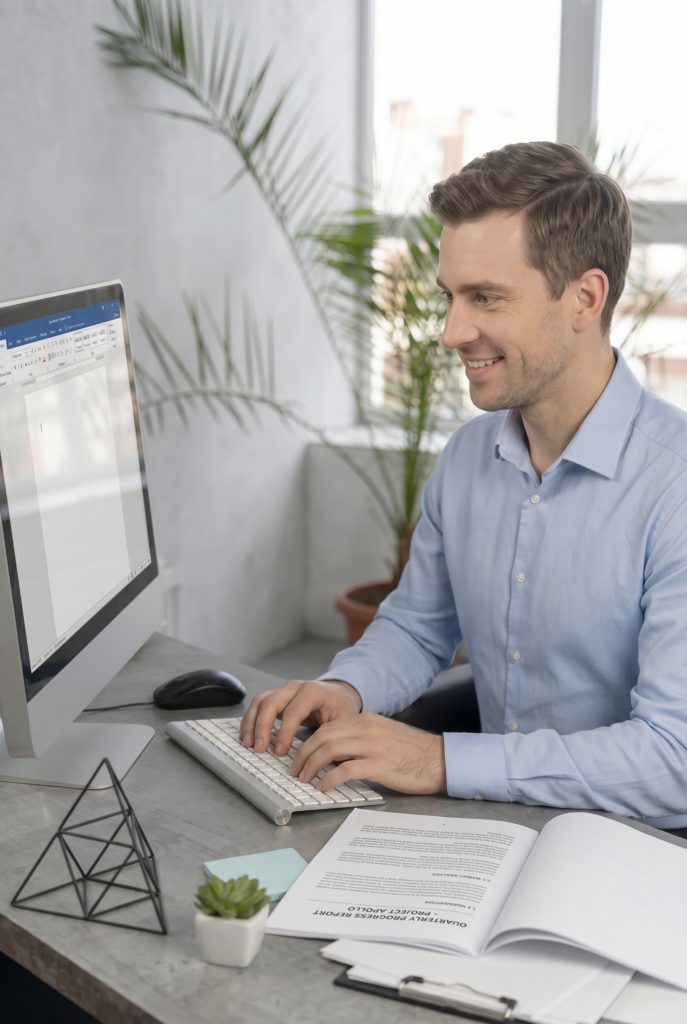 tax expert typing up a report