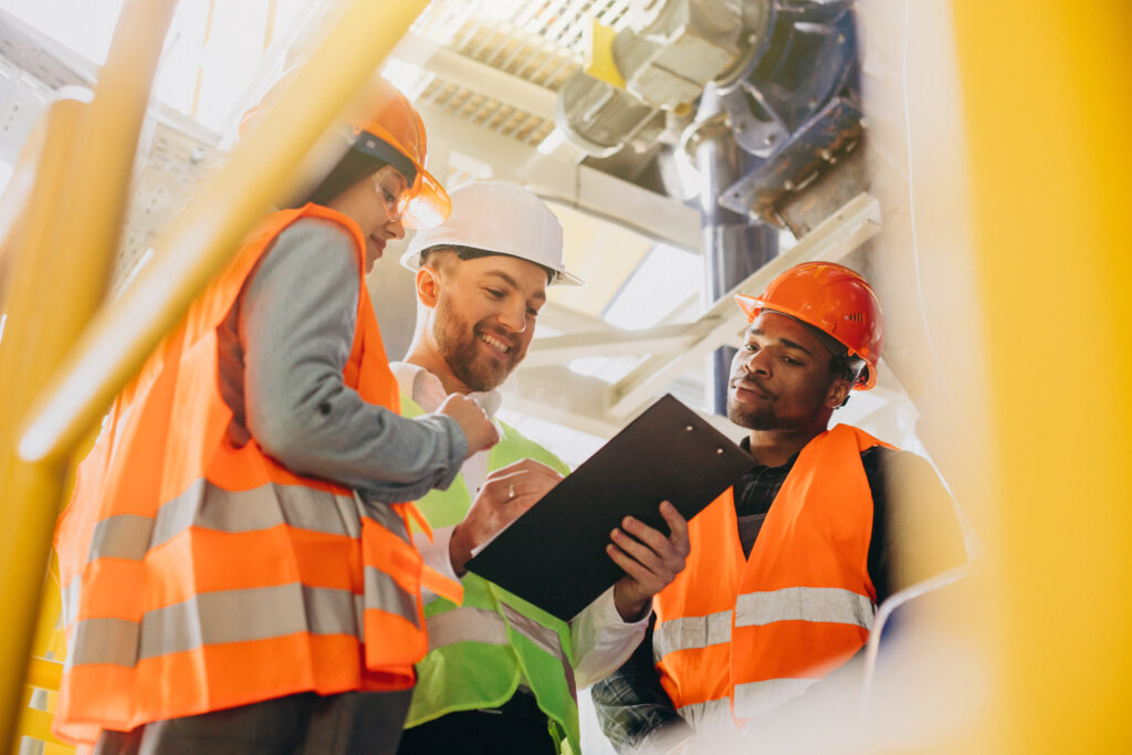 Construction workers in PPE, reviewing a clipboard