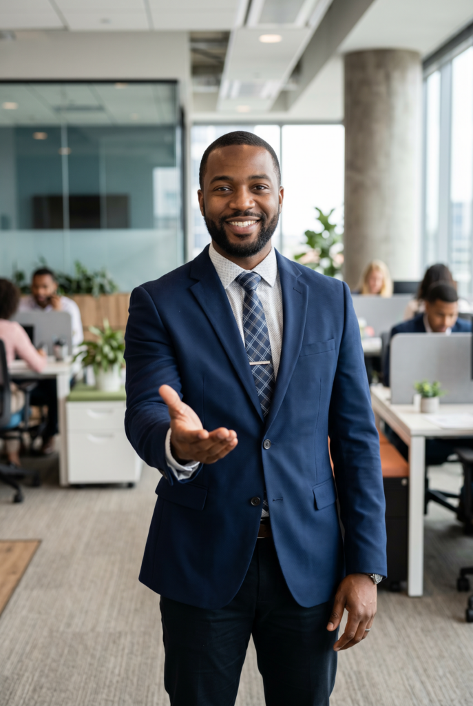 Businessman welcoming new team members into the office
