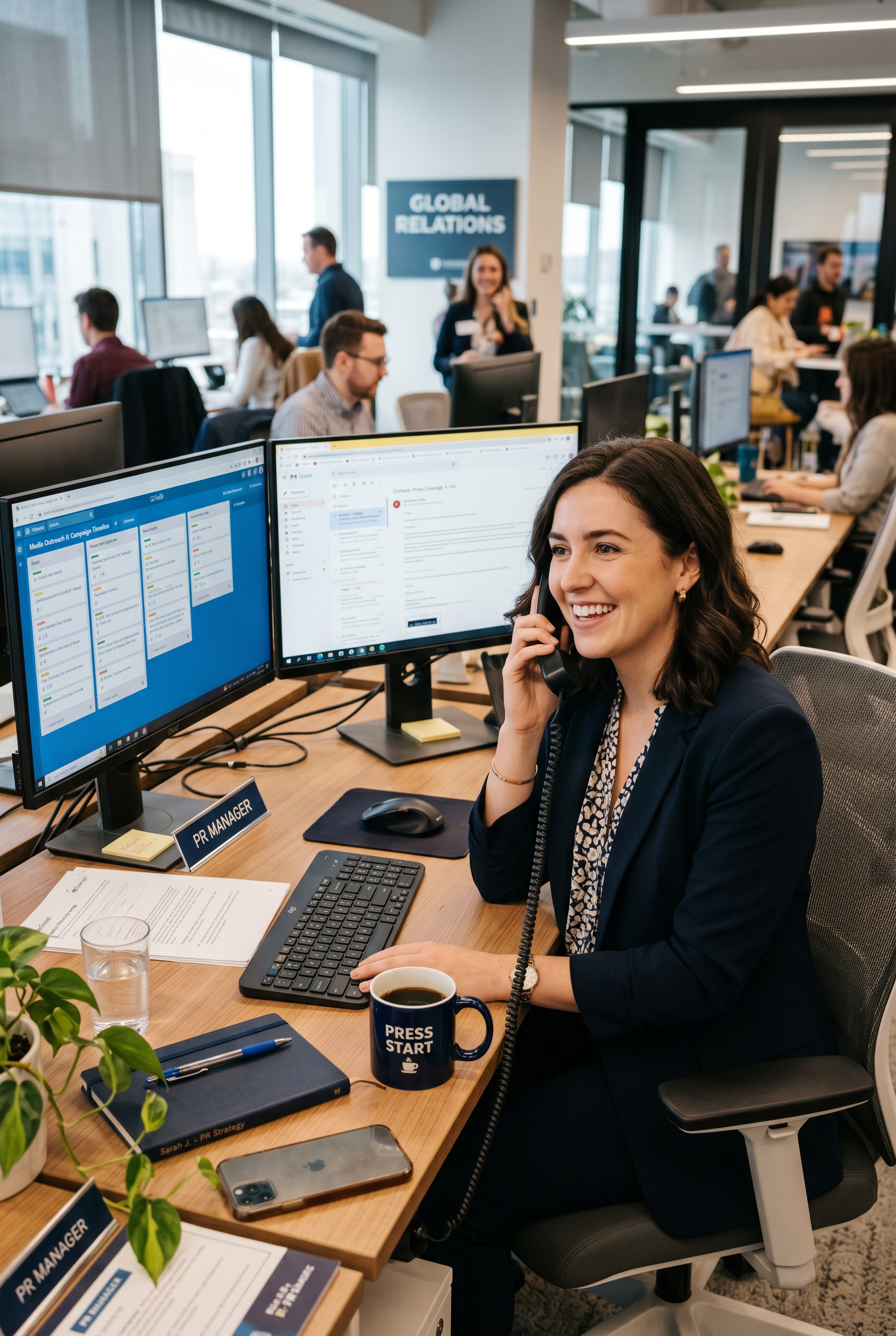 Press office, with a female PR Manager at her desk with 2 monitors a cup of coffee on the phone smiling