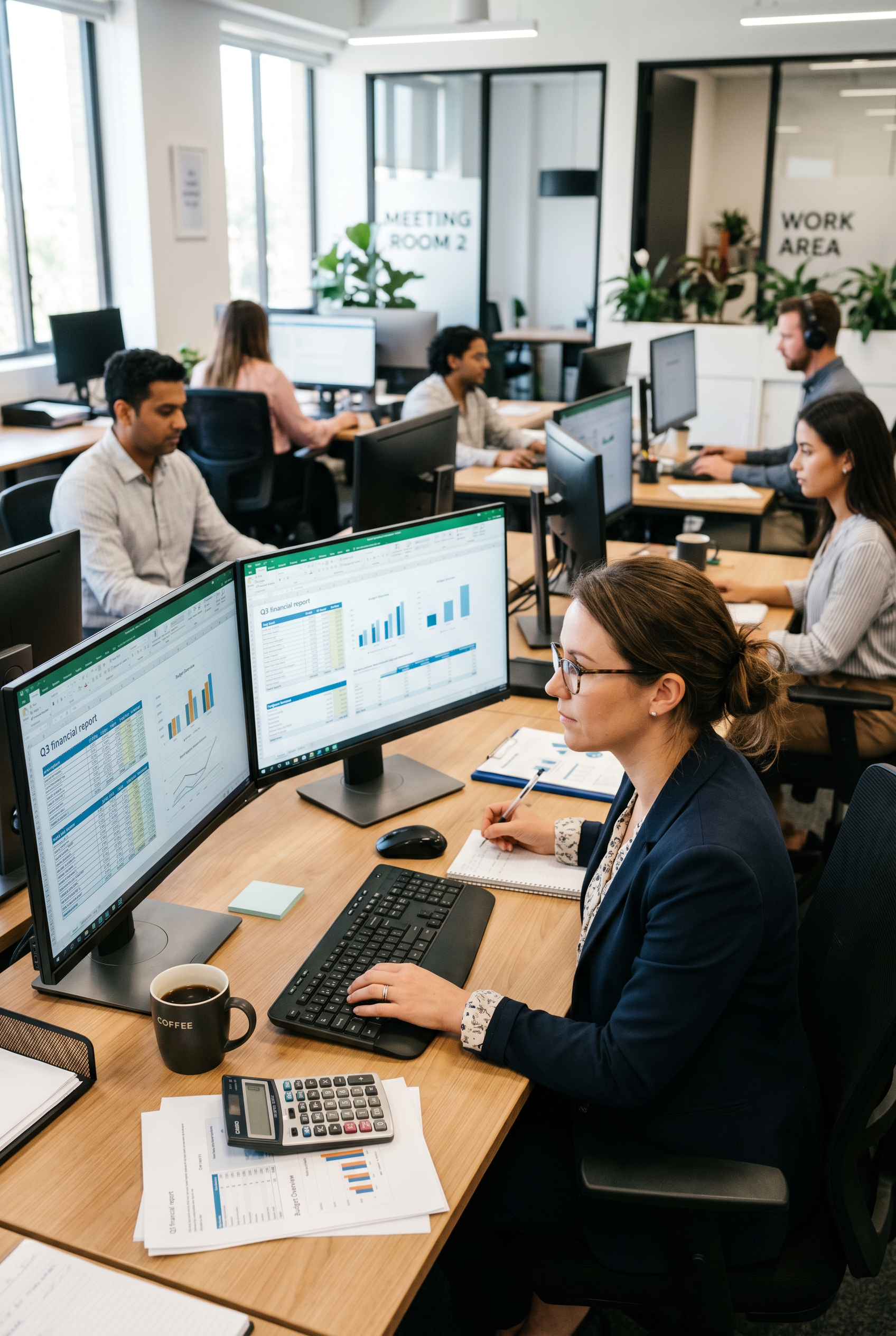 finance manager working along her team in the office looking at reports