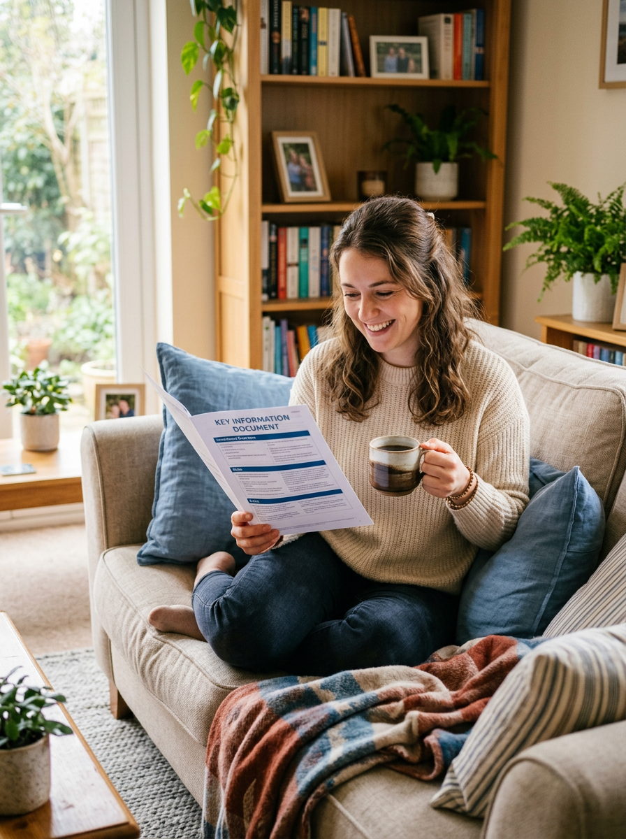 A woman smiling on the sofa while looking at a key information document and holding a cup of coffee