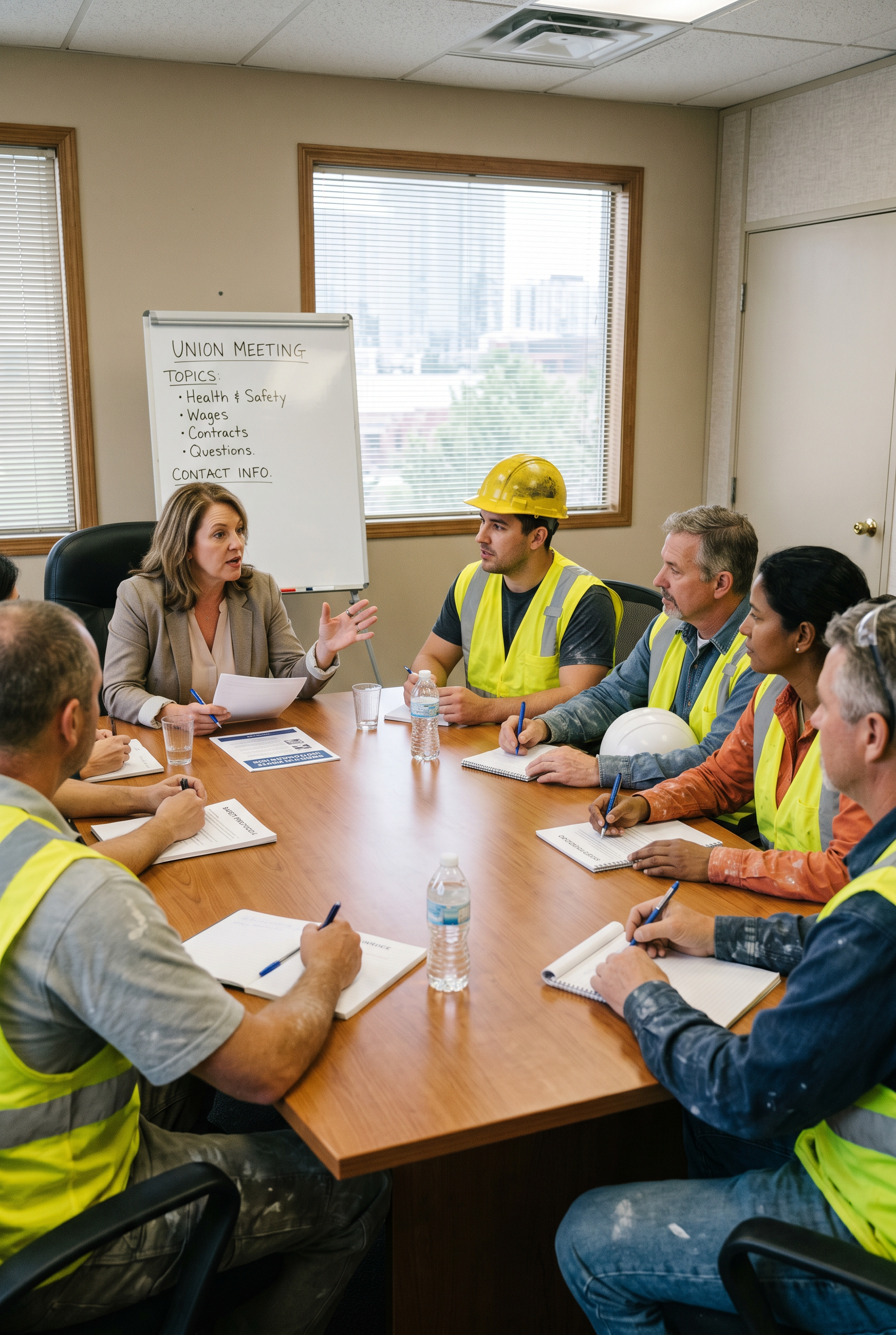 trade union representative speaking to construction workers in an office meeting room