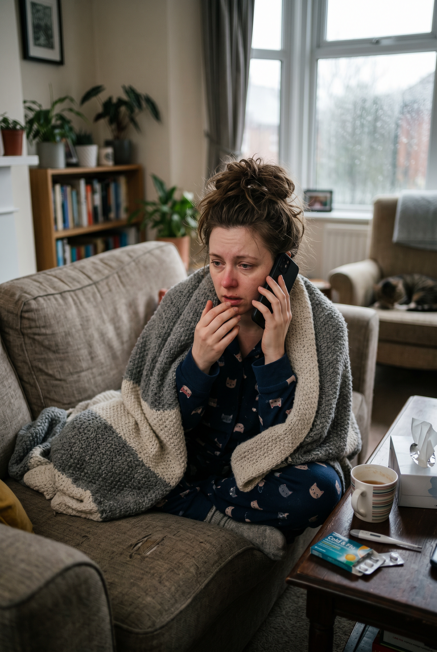 woman at home sick on the sofa calling into the office