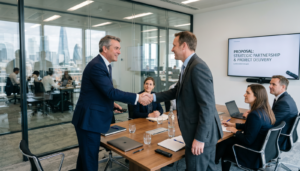 Group of people in a meeting room setting up to pitch for work