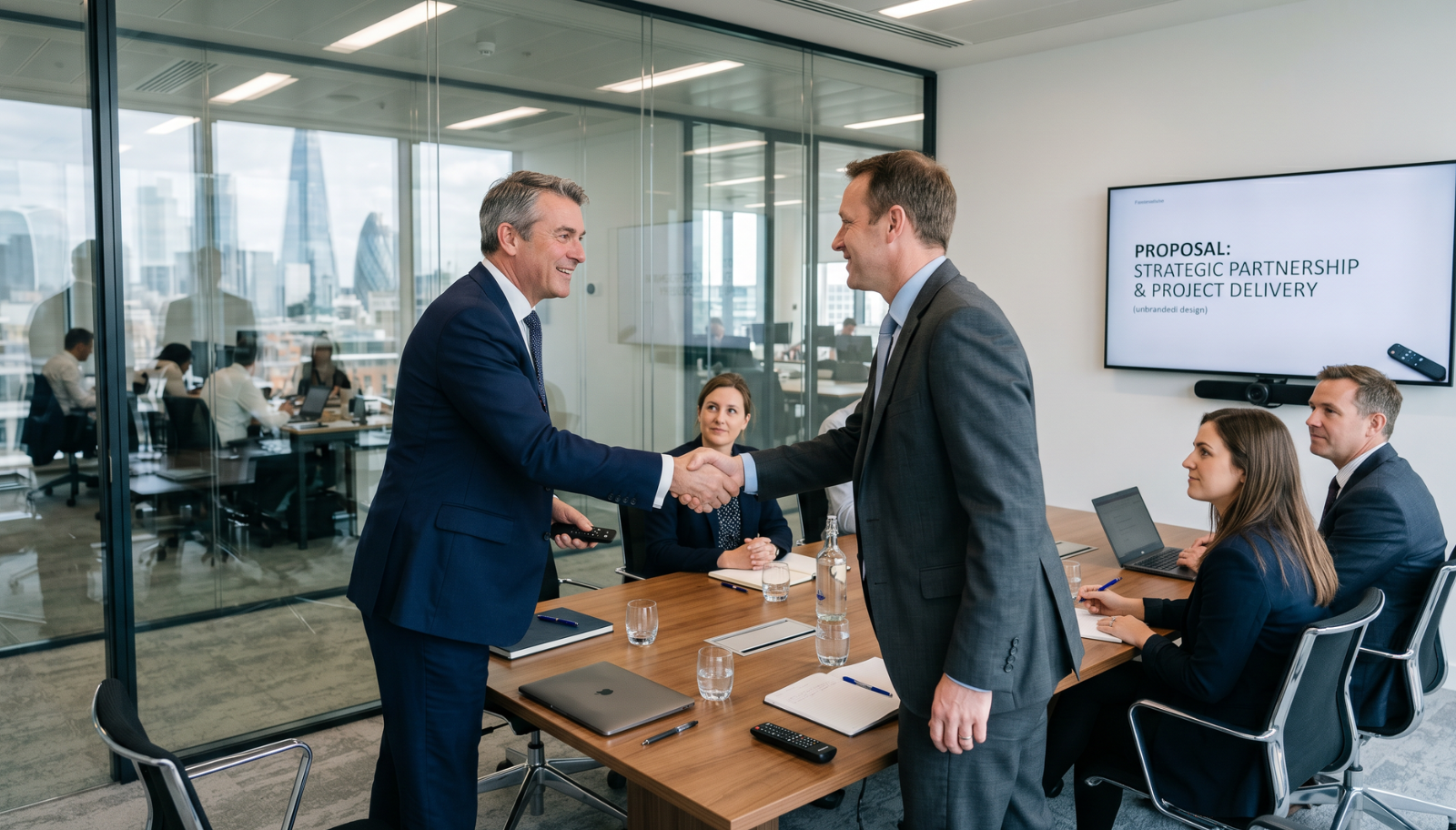 Group of people in a meeting room setting up to pitch for work
