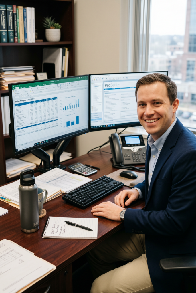 Man sat at his desk in an office looking at you with a friendly smile