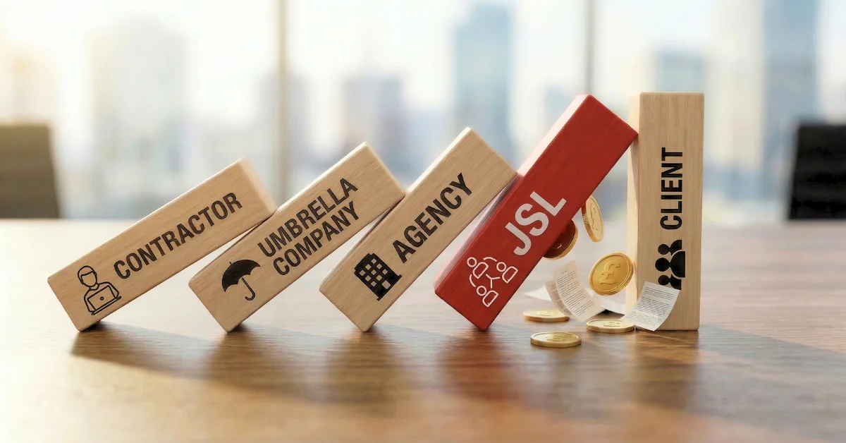 illustration of falling dominos with the dominoes featuring End-Clients, Agency, Umbrella, and JSL