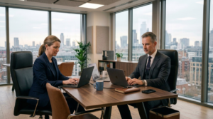 Two professional office workers sat opposite each other