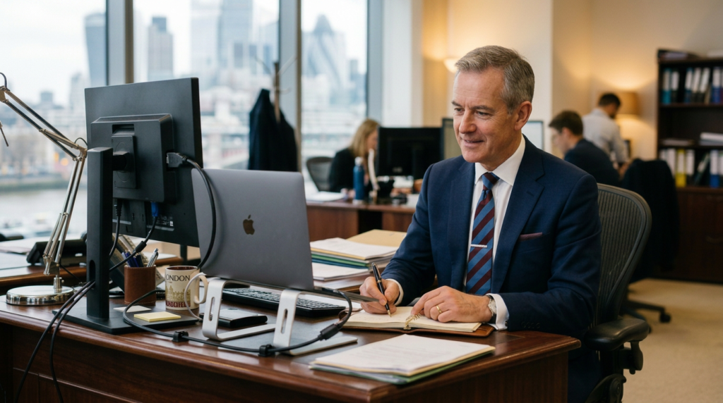 A professional worker sat at their desk making notes