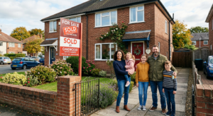 Contractor and family standing outside their new home