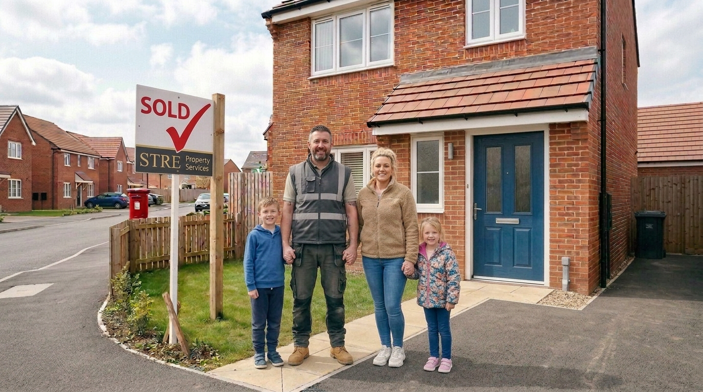 A family of four outside their recently purchased house. The family is made up on a a man and woman and their two children.