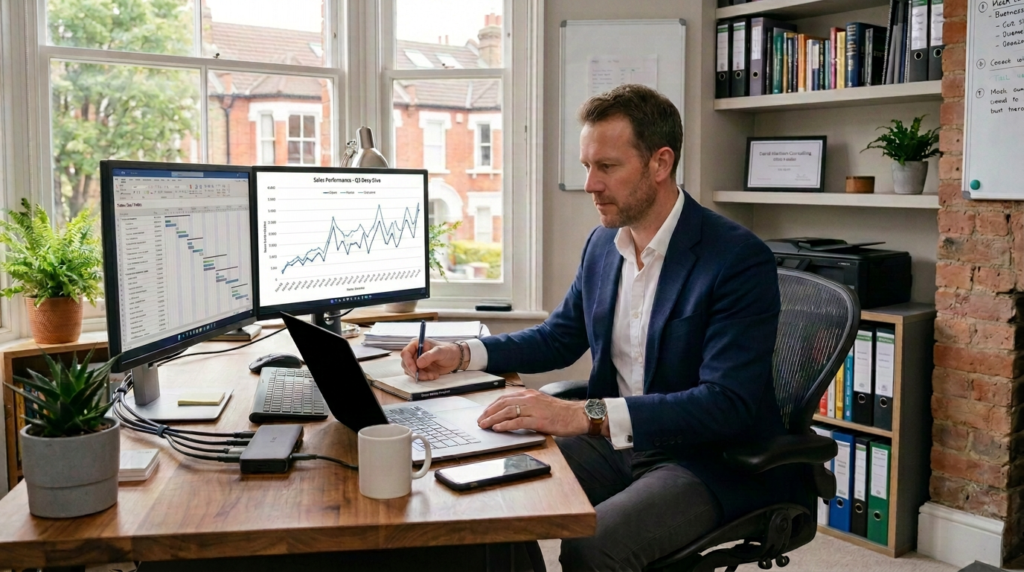 Sole Trader of a director working in his home office looking at reports and taking notes.