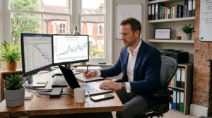 Sole Trader of a director working in his home office looking at reports and taking notes.