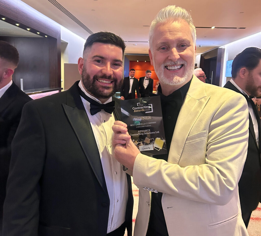 Managing director, Paul Havenhand with sales and strategy manager Jack Chesterman celebrating winning best umbrella company 2026